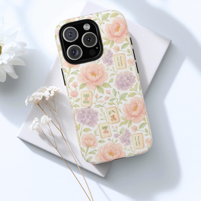 Mahjong Phone Case Watercolor Floral Pastel Peony Mahjong Tile Design for Mahjong Lovers
