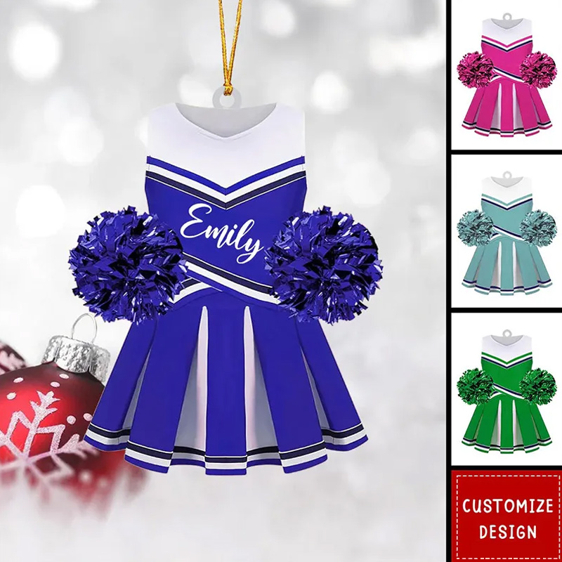 Personalized Cheerleader Acrylic Christmas Ornament with Custom Cheer Uniform and Pom Poms with Name