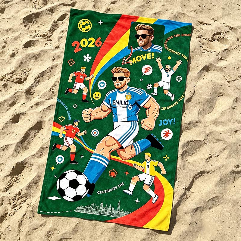 Personalized Cartoon Football Player Print Beach Towel 2026 Quick-Dry Oversized Bath Towel Custom Name Number for Soccer Fans Summer Travel