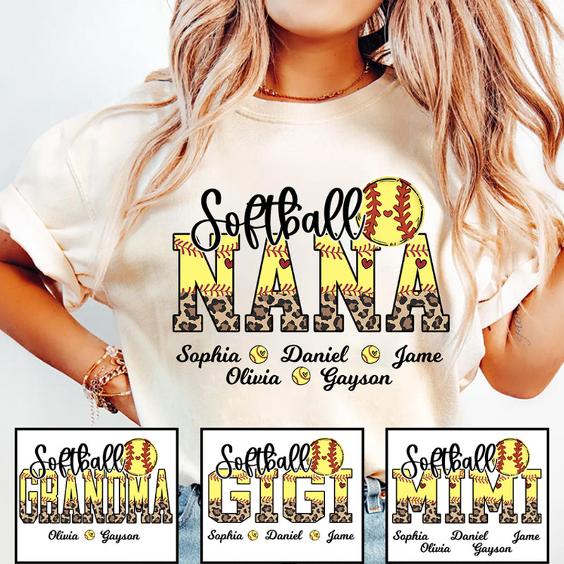 Personalized Leopard Baseball Softball Nana Custom Grandma And Grandkids T-shirt Gift for Mom