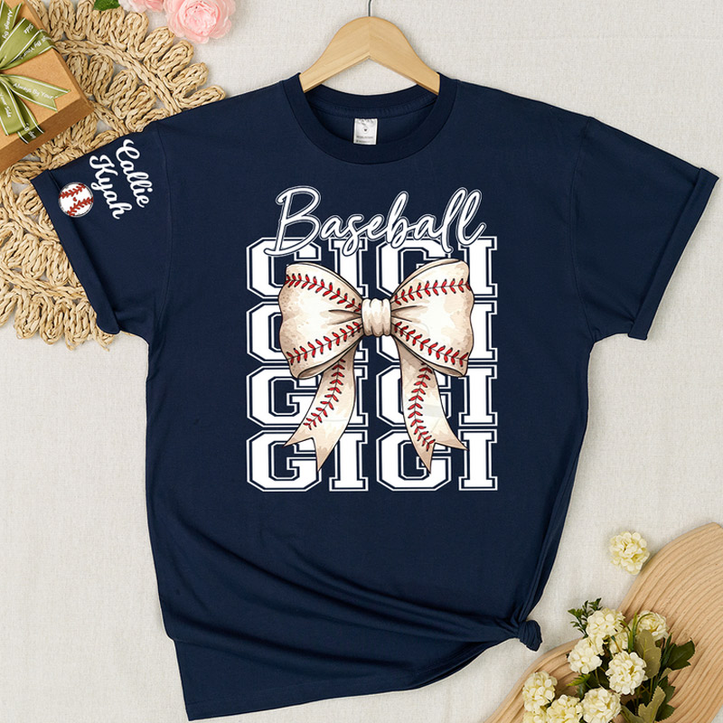 Personalized Bow Tie Baseball Softball Mama T-Shirt Customized with Names Gift for Baseball and Softball Moms and Grandmas