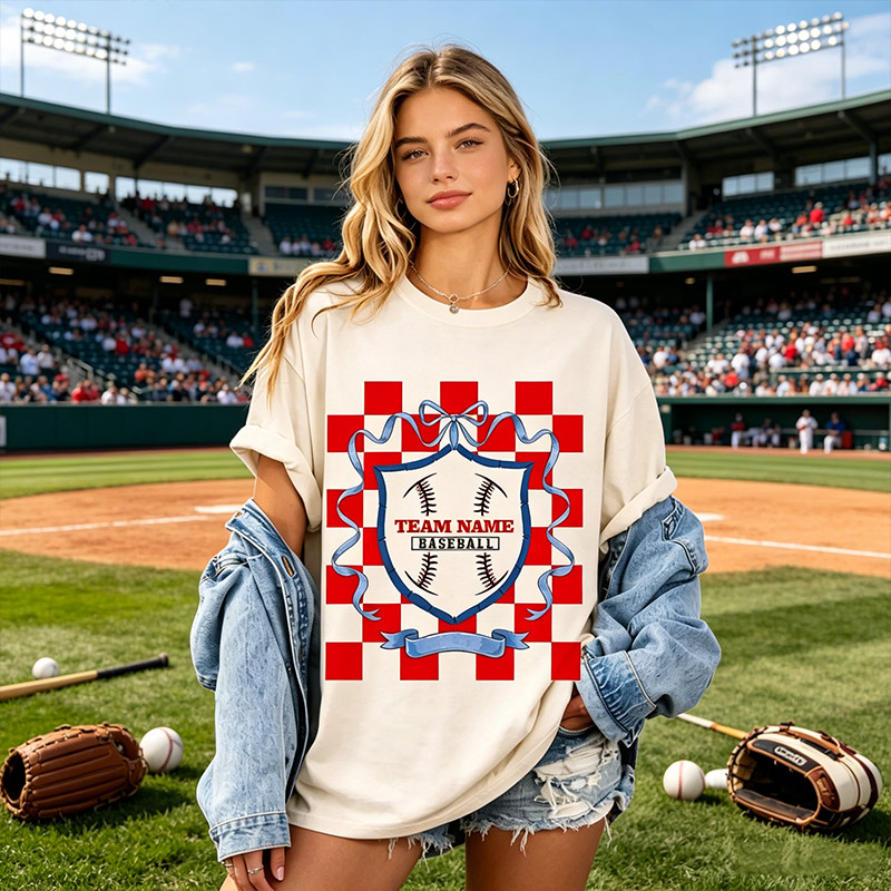 Personalized Baseball T-Shirts with Checkered Bows Gift for Baseball Fans