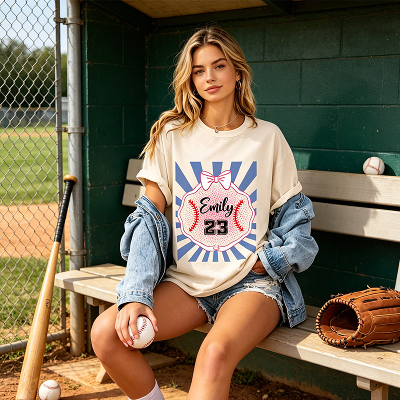 Personalized Baseball T-Shirts Bows with Radiating Lines Gift for Baseball Fans