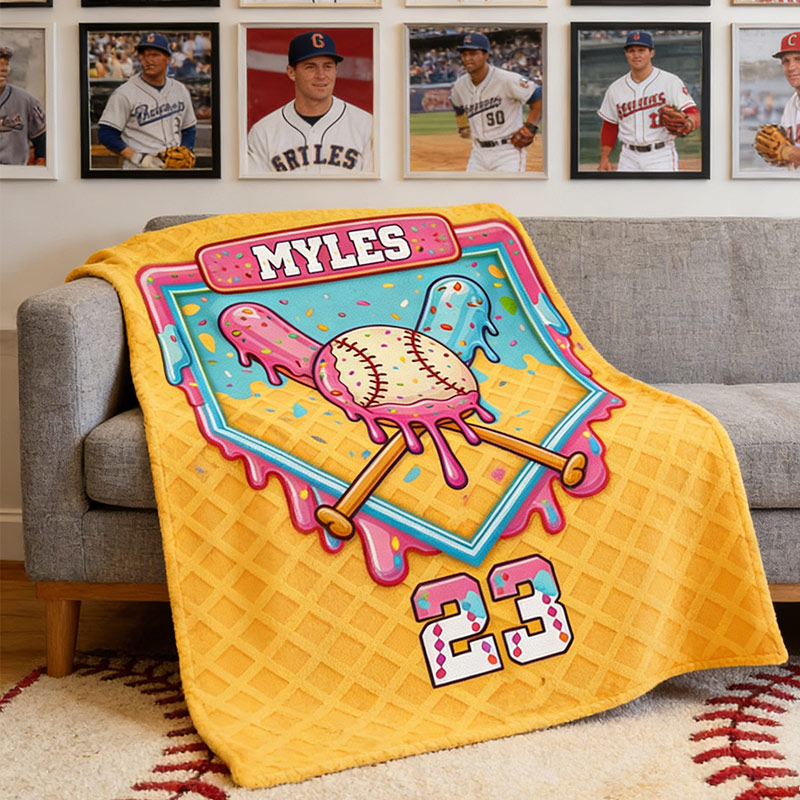 Personalized Baseball Blanket with Melting Ice Cream Baseball Custom Name and Number Baseball Lovers