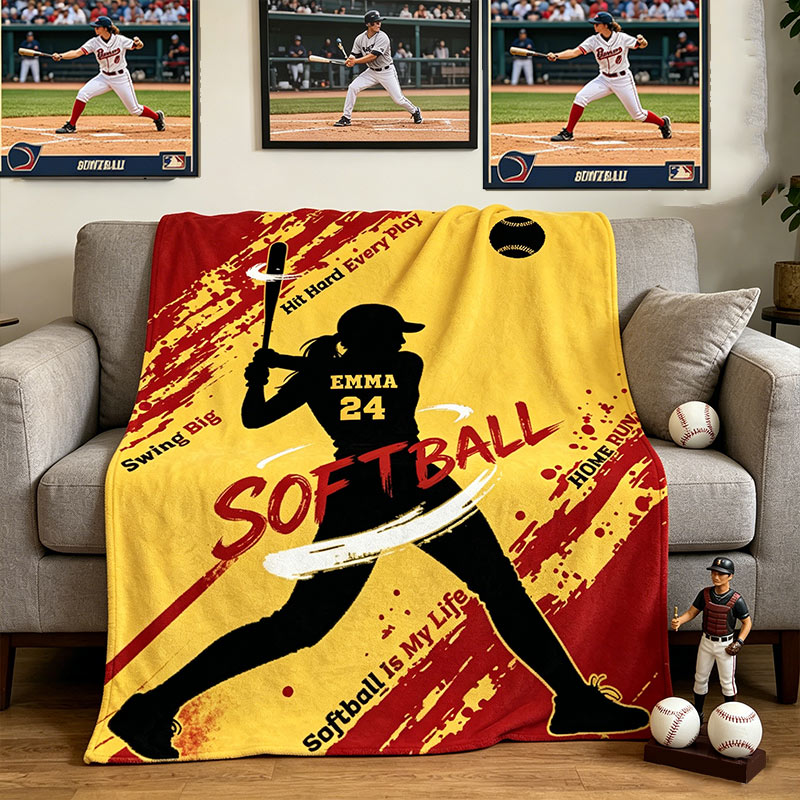 Personalized Softball Player Flannel Blanket Custom Name & Number Softball Is My Life Gift for Softball Lovers