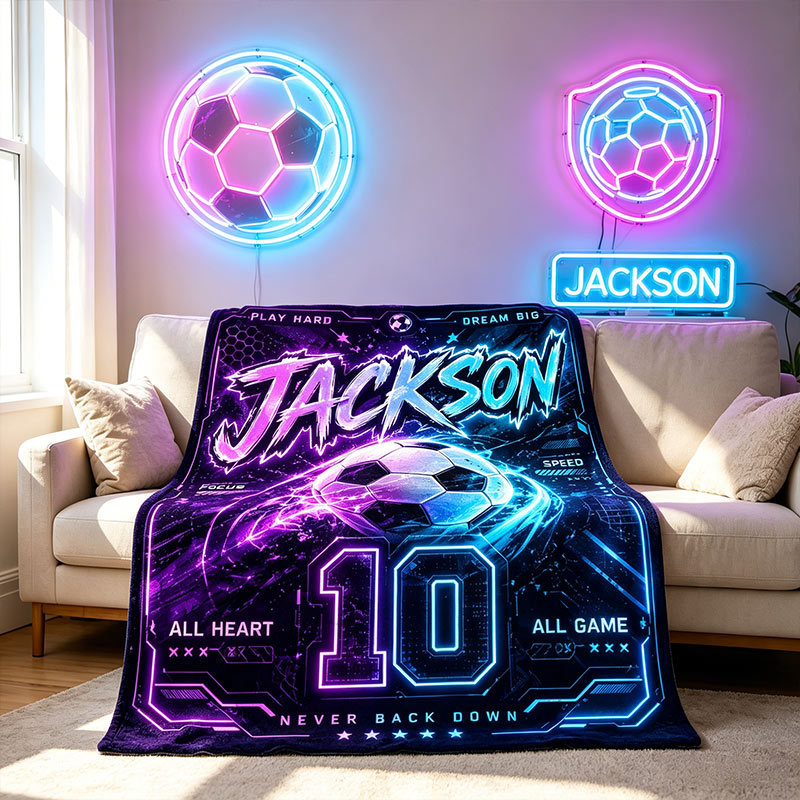 Personalized Football Flannel Blanket Neon Electronic Custom Name & Number Gift for Football Lovers