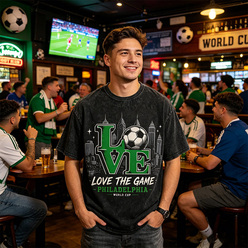 Vintage Wash “LOVE THE GAME” Football T‑Shirt Philadelphia Skyline World Cup Graphic Tee Gift for Football Fans