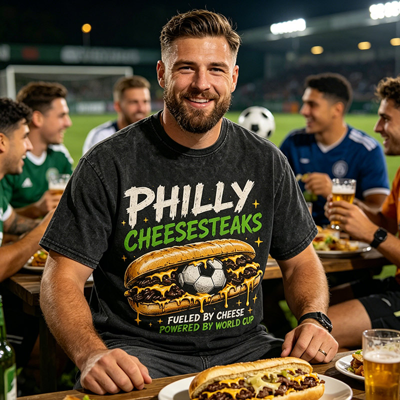 Vintage Washed Tee Philly Cheesesteaks Soccer T‑Shirt Fueled by Cheese Powered by World Cup Graphic Tee