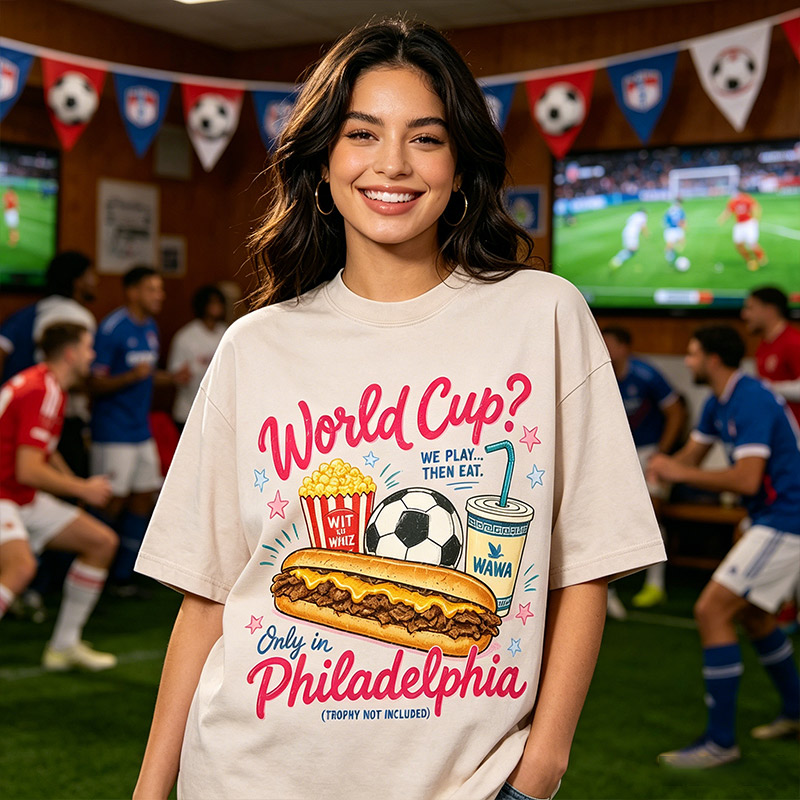 Vintage Washed  T‑Shirt World Cup Philadelphia Cheesesteak & Football Foodie Fan Graphic Tee
