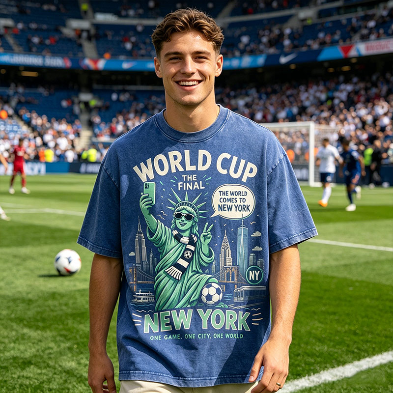 Vintage Washed Tee World Cup Final New York T‑Shirt Statue of Liberty Football Skyline Graphic Tee