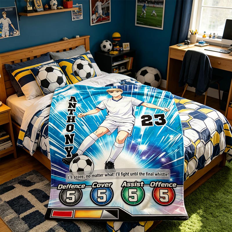 Personalized Football Flannel Blanket with Passionate Anime Soccer Customizable Photo Name and Number for Football Lovers
