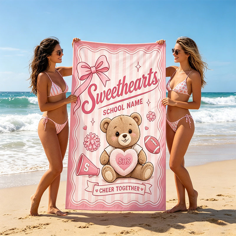 Personalized Football Cheerleading Beach Towel "Sweetheart" Bear with Custom Letters and School Name Cheer Gift