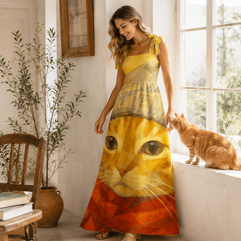 Personalized Oil Painting Pet Photo Maxi Dress Custom Image Gift for Pet Lover