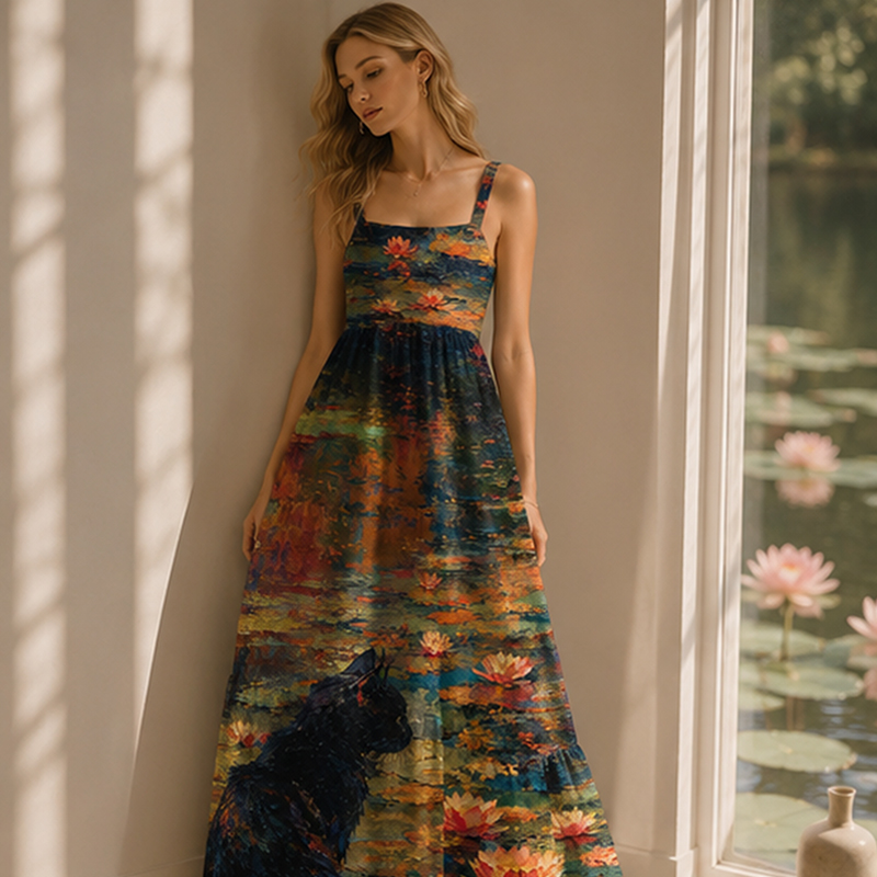 Oil Painting Black Cat Water Lily Impressionist Maxi Dress