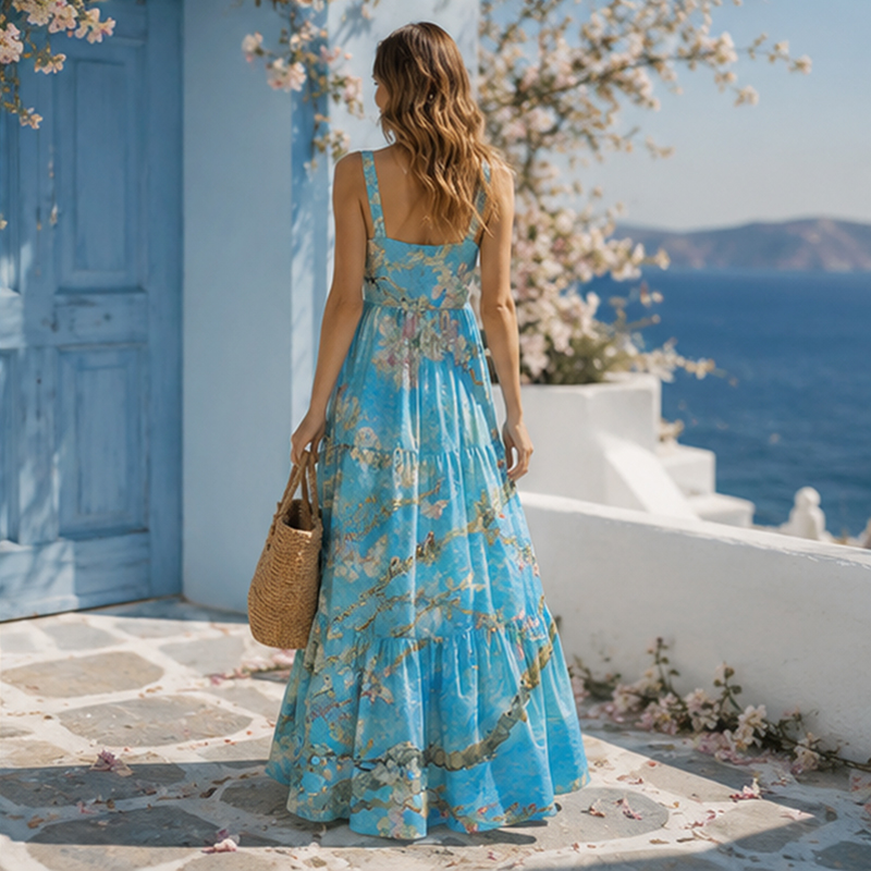 Oil Painting Almond Blossom Sky Blue Art Maxi Dress
