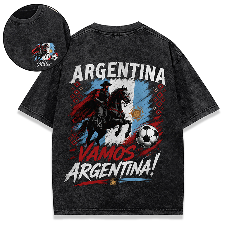 Personalized Football Washed T-shirt Vamos Argentina Gaucho Custom Name Gift for Argentina Football Fans