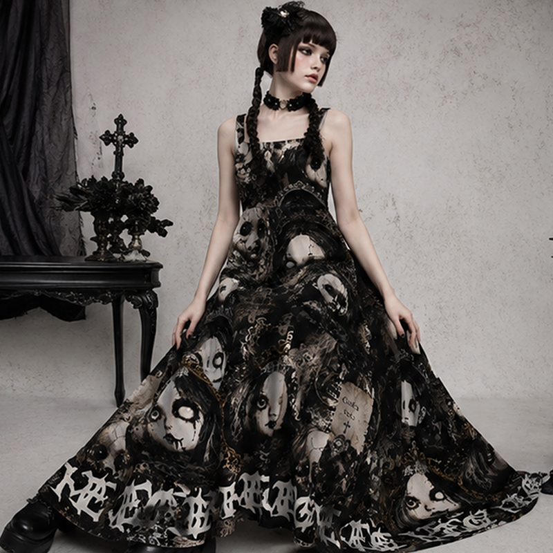 Personalized Gothic Maxi Dress Cracked Horror Doll Print with Custom Name for Her