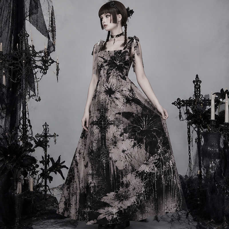 Gothic Maxi Dress Grunge Cross Floral Butterfly Print Tie Strap Tiered Maxi Dress