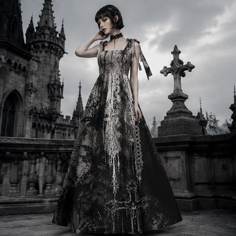 Gothic Maxi Dress Gothic Lace Cross Floral Print Tie Shoulder Strap Flowy Maxi Dress