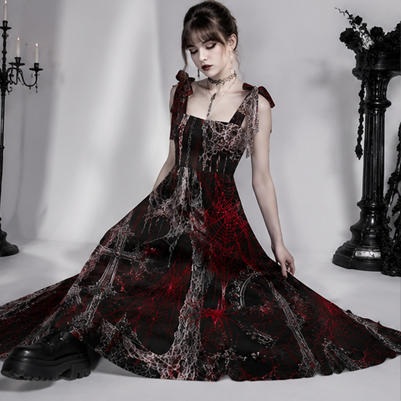 Gothic Maxi Dress Gothic Red Spider Web Rose Print Tie Shoulder Strap Flowy Maxi Dress