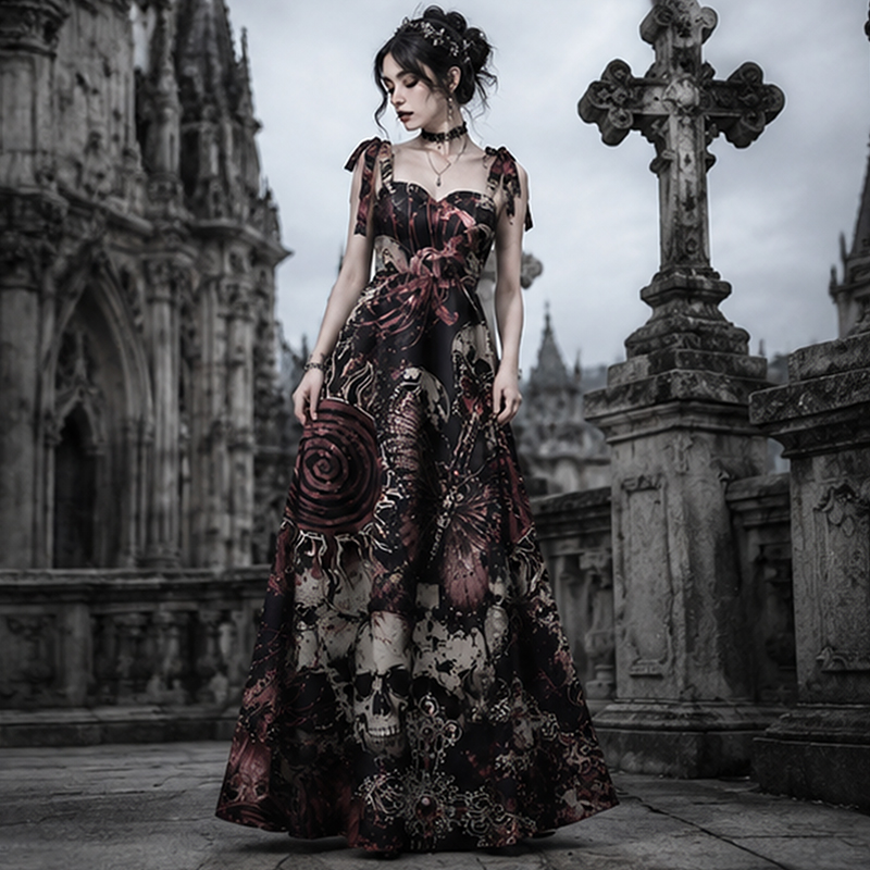 Gothic Maxi Dress Gothic Skull Red Spider Lily Butterfly Cross Print Tie Strap Maxi Dress