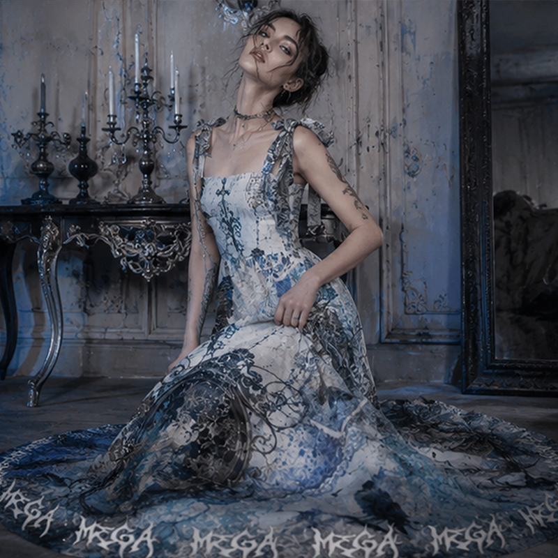 Personalized Gothic Maxi Dress Vintage Gothic Raven Ornate Frame Lace Print Tie Strap Flowy Maxi Dress