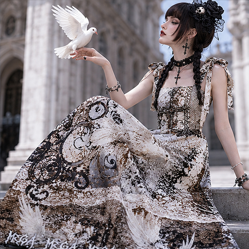 Personalized Gothic Maxi Dress Vintage Gothic Dove Cross Distressed Lace Print Tie Strap for Her