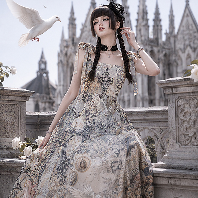 Personalized Gothic Maxi Dress Vintage Gothic Rose Dove Lace Distressed Print Tie Strap Flowy Dress