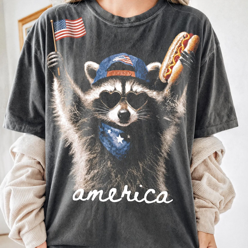 America Raccoon Hot Dog Washed T-Shirt 4th of July America Patriotic American Flag Tee