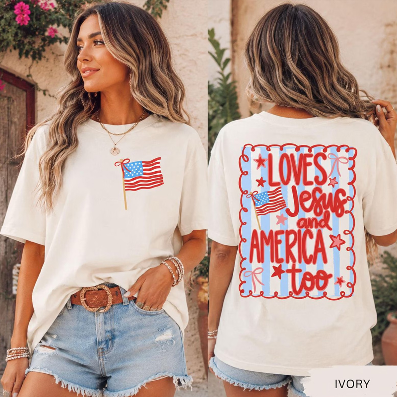 250th USA Anniversary T-Shirt Loves Jesus and America Too 4th of July Patriotic Coquette Bow Tee American Flag  