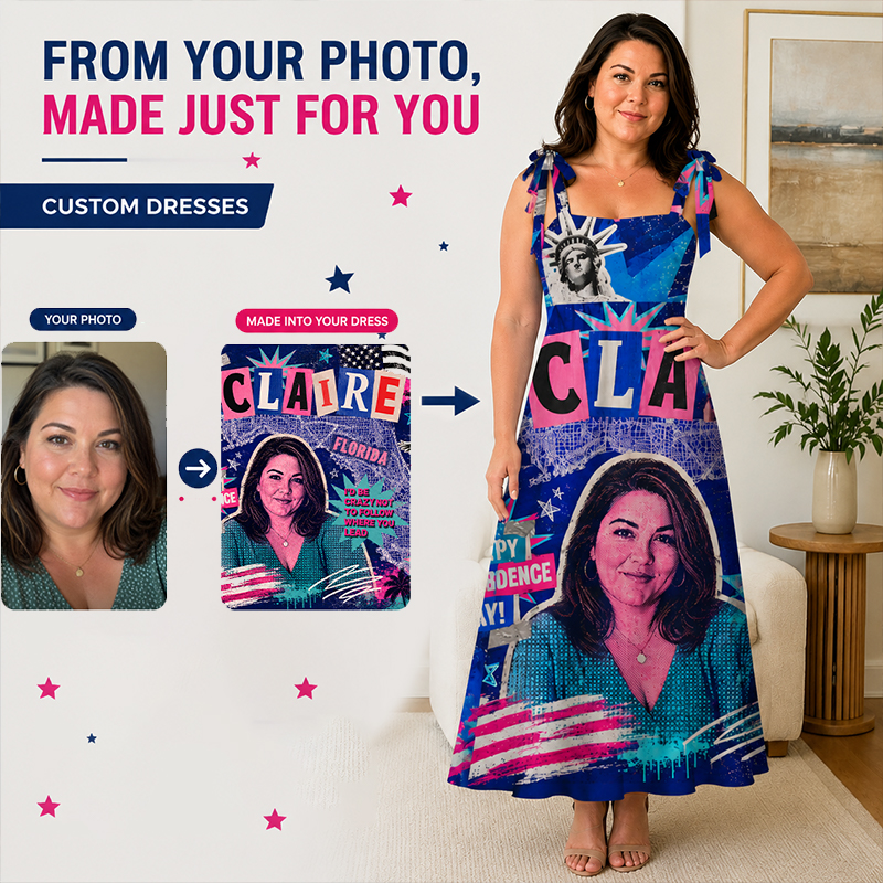 Personalized Pop Art Independence Day Maxi Dress Tie-Shoulder Custom Name Photo and State with Statue of Liberty Print for Patriotic