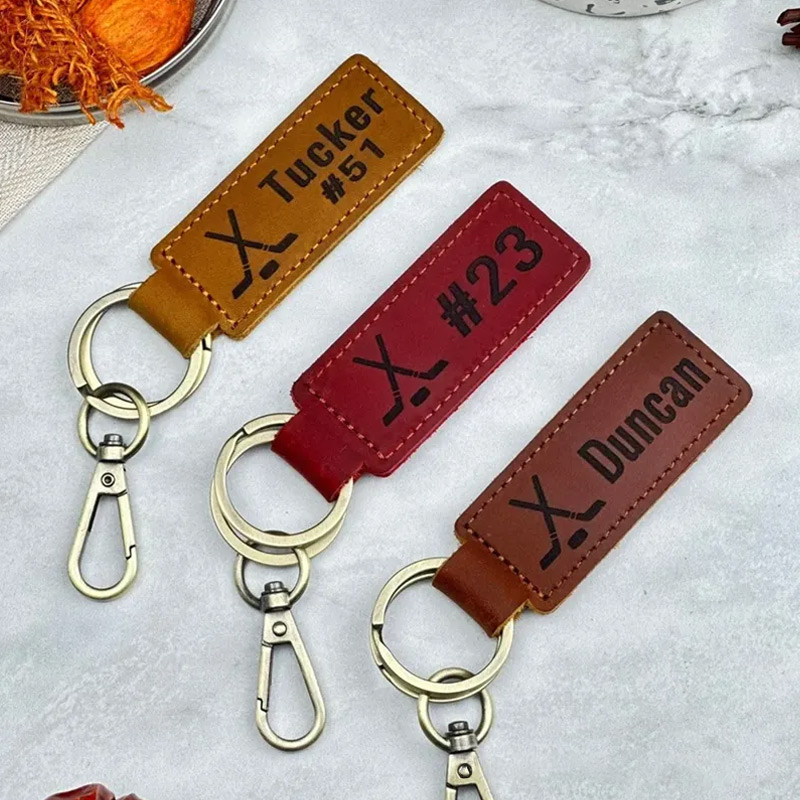 Personalized Leather Hockey Keychain with Custom Name and Number