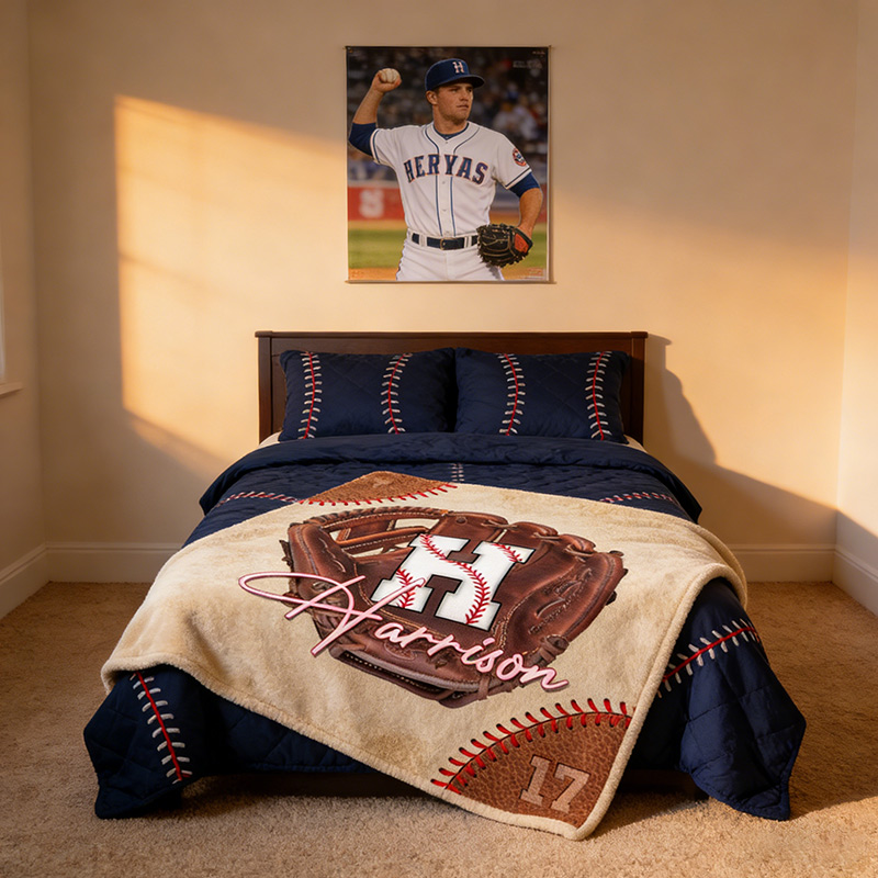 Personalized Baseball Lover’s Throw Blanket with Baseball Glove Design with Initials Name and Number Gift for Baseball Enthusiasts