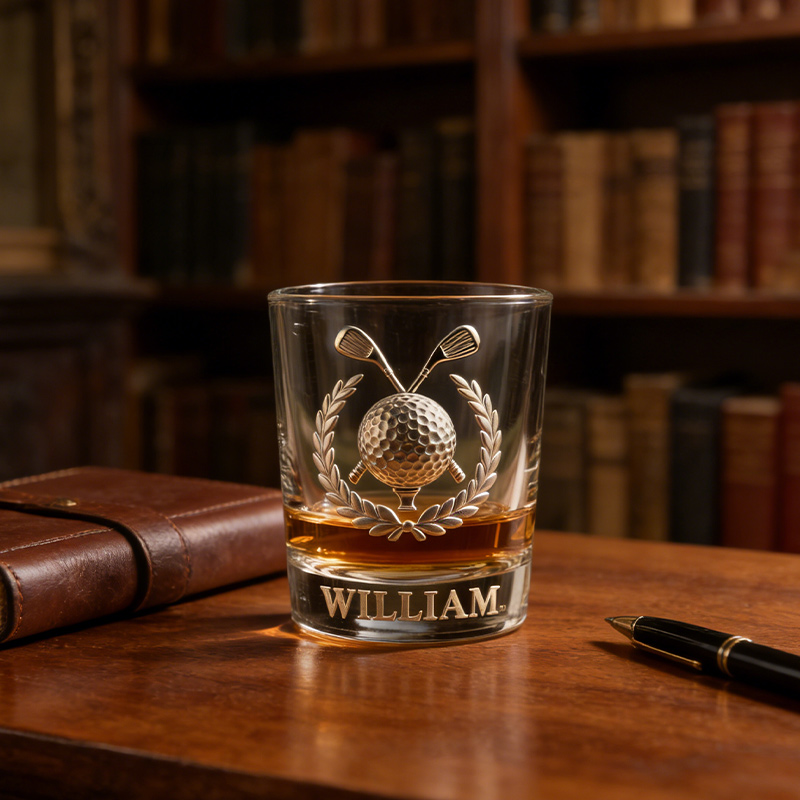 Personalized Golf Whiskey Glass 2D Metallic Style Print with Custom Name for Golf Lovers