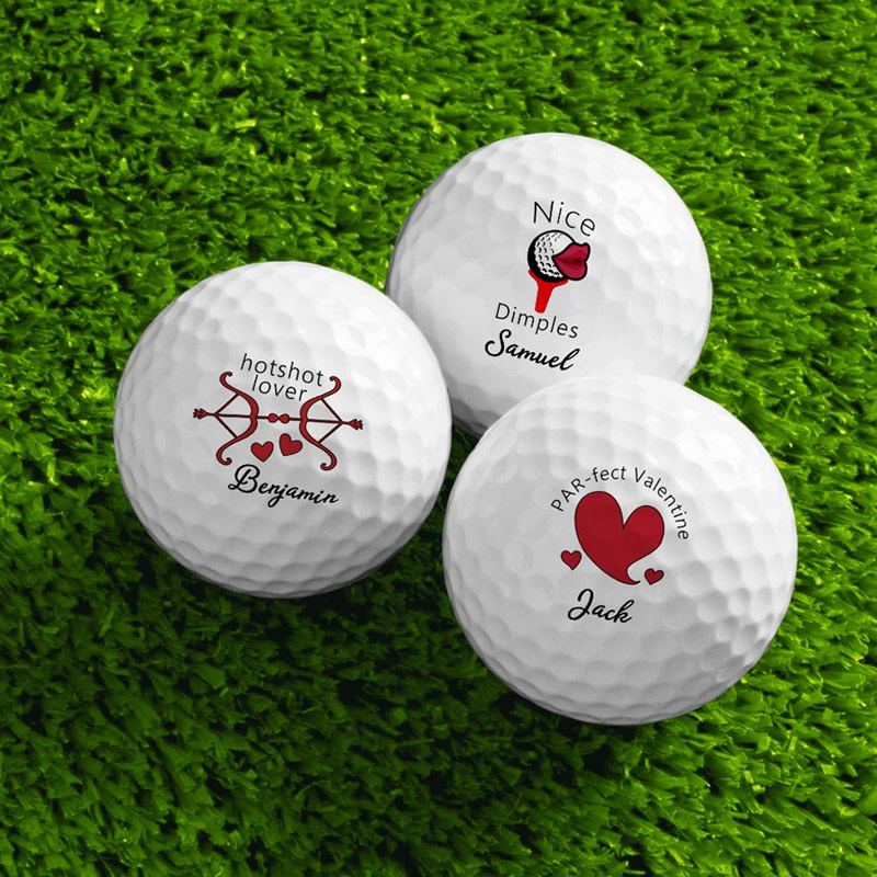 Personalized Fun Red Kiss Lip Shaped Heart Set of 3 Golf Balls Valentine's Day Anniversary Gift for Golf Loving Couples