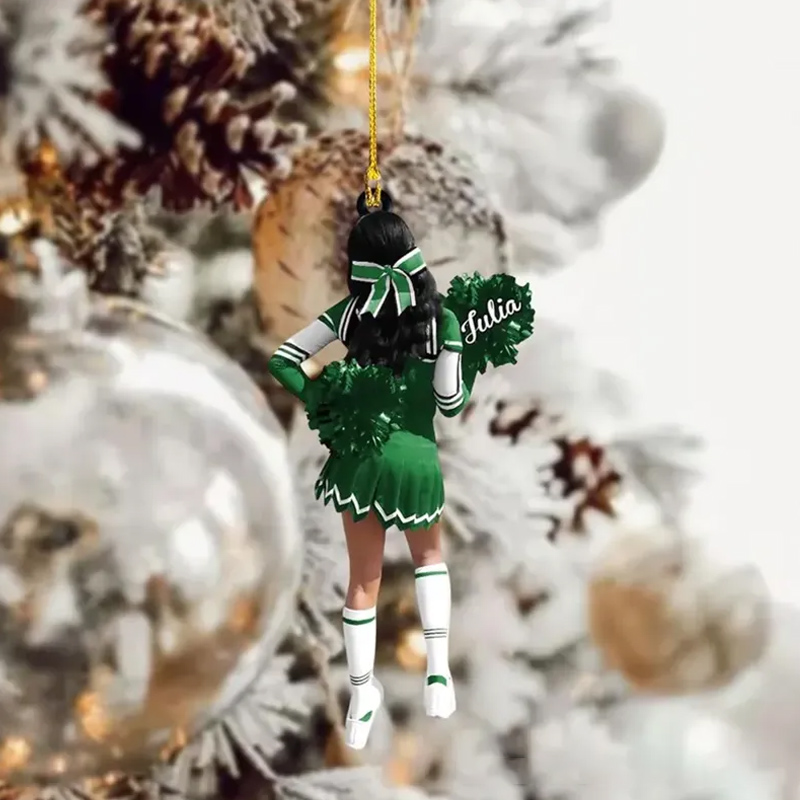 Personalized Cheerleader Acrylic Christmas Ornament with Custom Name, Outfit Color, and Festive Pom-Pom Design