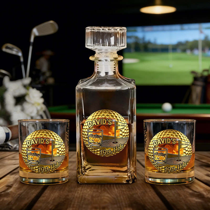 Personalized Golf Whiskey and Glass Set 19th Hole Golf Gift for Him Custom Name Barware for Golfers 