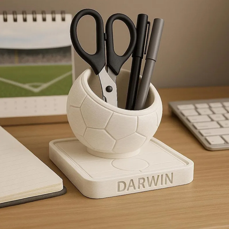 Personalized 3D Printed Soccer Ball Pen Holder with Custom Name Design