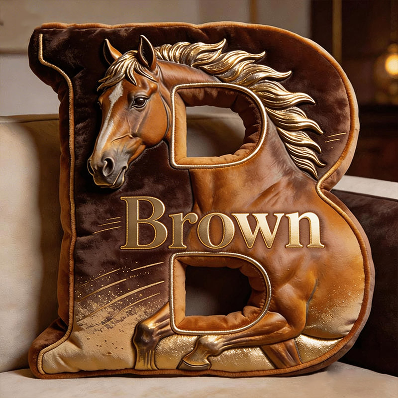 Personalized Horse Letter Pillow Golden Horse Print Custom Name Gift for Equestrian Enthusiasts