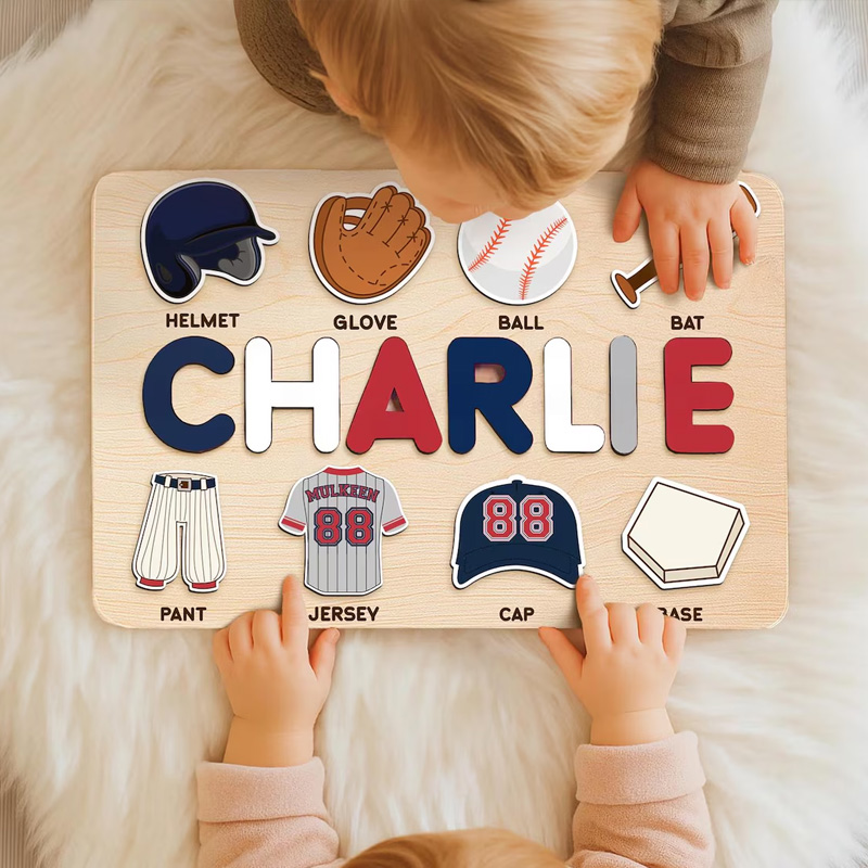 Personalized Wooden Baseball Puzzle Team Colors Inspired Montessori Name Puzzle