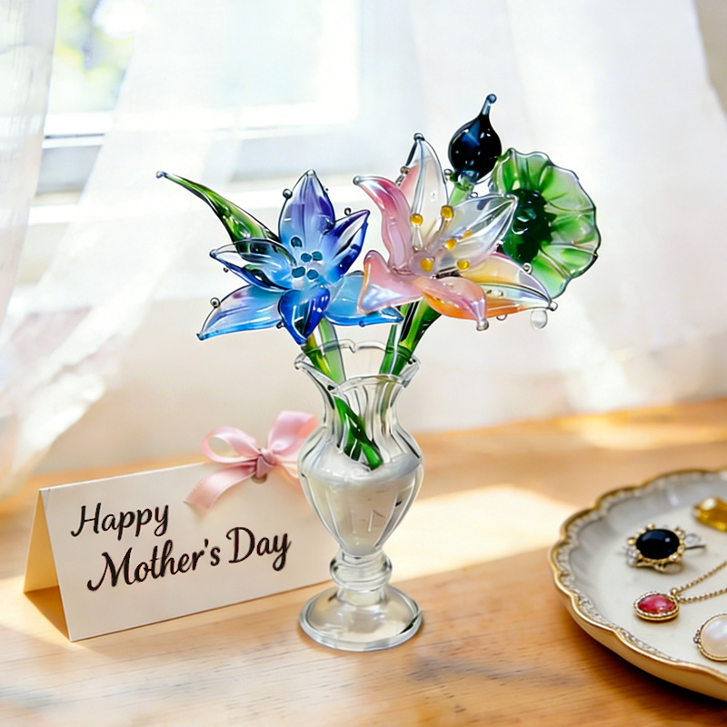 Hand Colorful Handmade Mini Glass Flower Bouquet Gift for Mom Birthday Anniversary Home Decoration