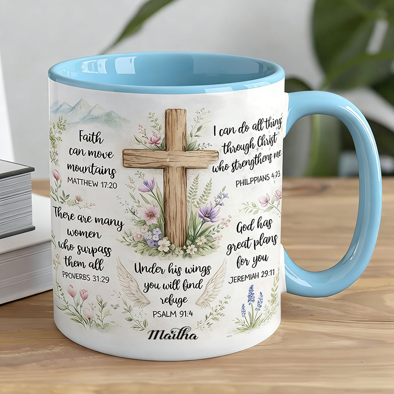 Personalized Floral Cross Bible Verse 11oz Ceramic Mug with Custom Name Religious Coffee Mug Christian Gift Faith Quote Gift