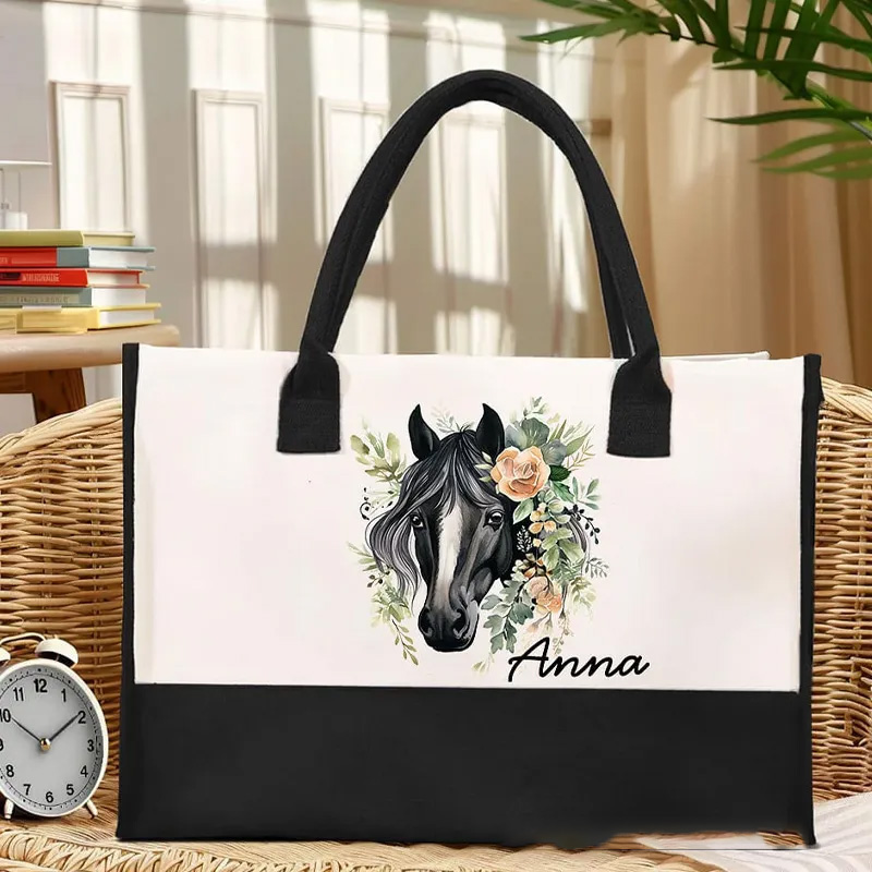 Personalized Floral Horse Large Canvas Tote Bag with Name and Waterproof Liner Birthday Gift for Women Riding Lovers