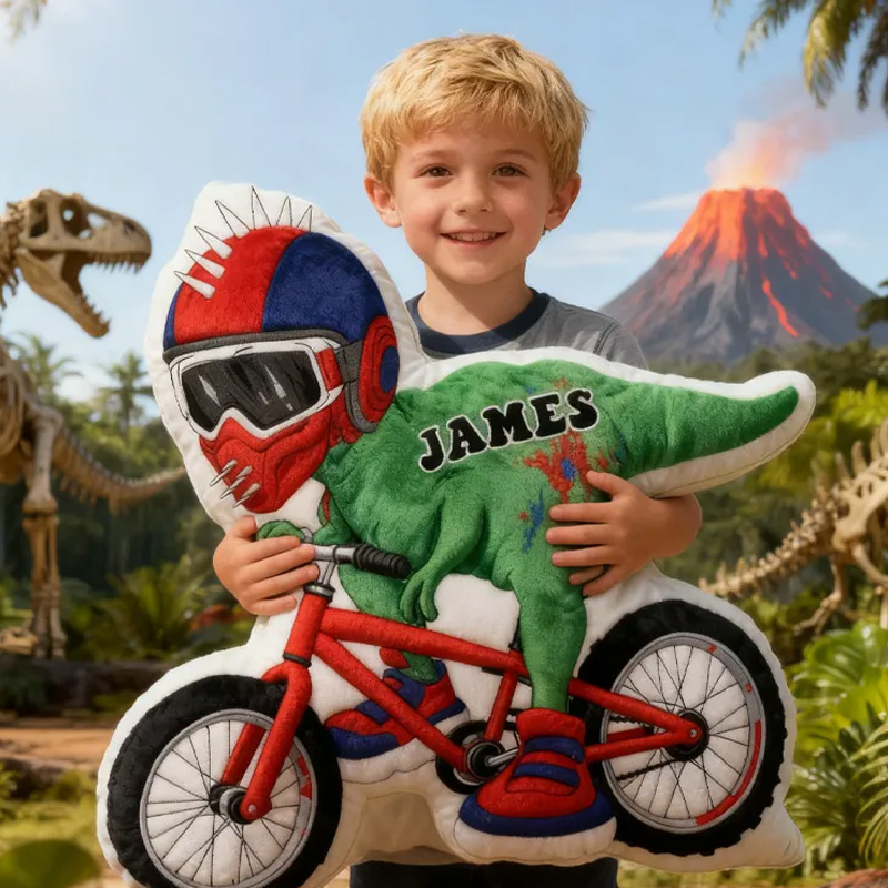 Personalized Dino Rider Bike Pillow Cozy Graphic 3D Print Cool Biker Dino Racing Pillow Name Pillow Comfortable Travel Cushion for Kids Boys Riding Lovers