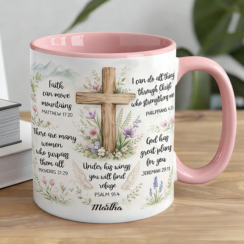Personalized Floral Cross Bible Verse 11oz Ceramic Mug with Custom Name Religious Coffee Mug Christian Gift Faith Quote Gift