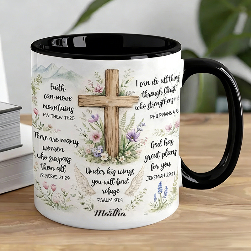 Personalized Floral Cross Bible Verse 11oz Ceramic Mug with Custom Name Religious Coffee Mug Christian Gift Faith Quote Gift