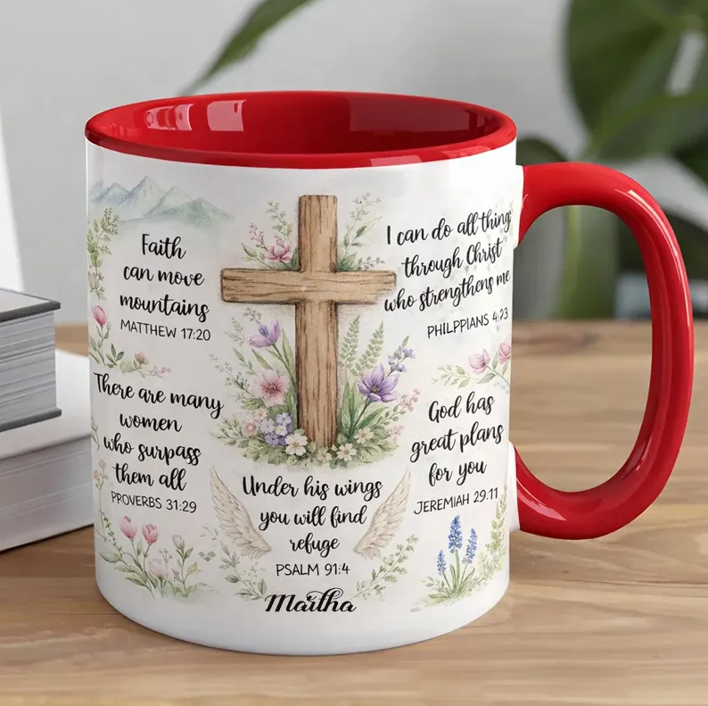 Personalized Floral Cross Bible Verse 11oz Ceramic Mug with Custom Name Religious Coffee Mug Christian Gift Faith Quote Gift