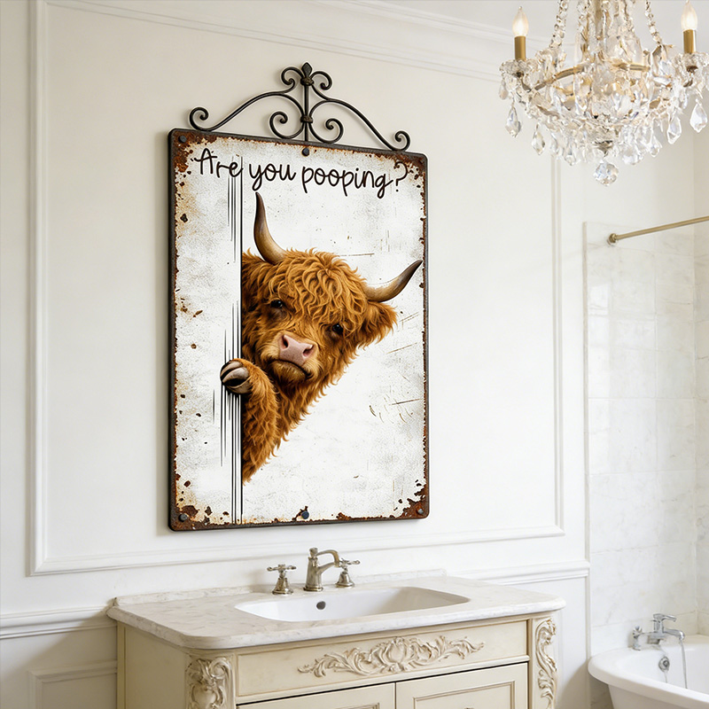 Are You Pooping Highland Cow Sign, Funny Peeking Bathroom Decor, Rustic Farmhouse Humor
