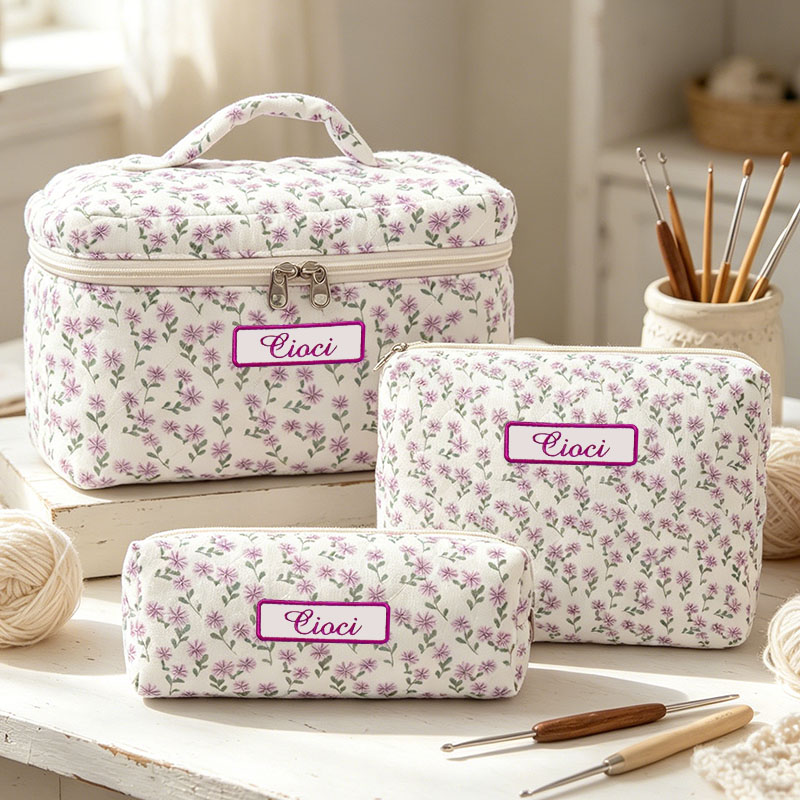 Personalized Embroidered Name Cotton Quilted Crochet Tool Storage Bag Large Small  Floral Crochet Tool Storage Bag Set Cute Coquette Pouch for Purse Aesthetic Cloth Flower Storage Bag Organizer