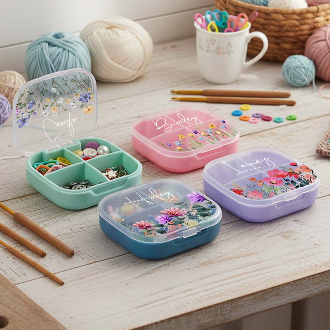 Personalized Knitting Crochet Notions Case Mini Storage Box 4 Compartments Multi Section Stitch Markers Point Protectors Tools Travel Compartments Case Custom Name with Birth Flower Crochet Tool Organizer